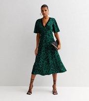 New Look Green Animal Print Satin Sequin Trim Midi Dress